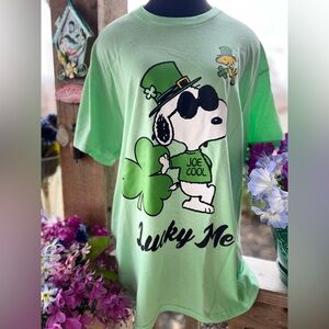 Joe Cool Snoopy & Woodstock “Lucky Me” Green Irish & 4 Leaf Clovers Graphic Tee